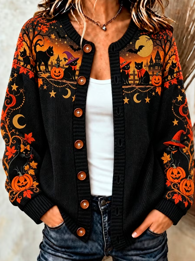 Women's Halloween Black Cat And Pumpkin Art Pattern Knit Cardigan