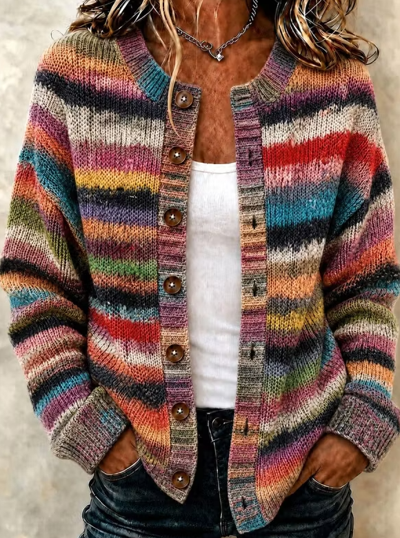 Women's Bohemian Retro Striped Gradient Art Print Knit Button Cardigan
