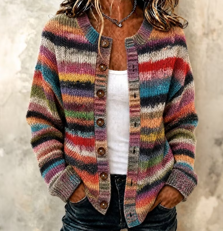 Women's Bohemian Retro Striped Gradient Art Print Knit Button Cardigan
