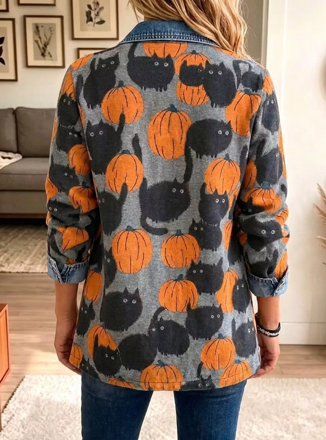 Women Lapel Button Halloween Pumpkin Black Cat Denim Spliced Blazer Jacket