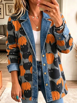 Women Lapel Button Halloween Pumpkin Black Cat Denim Spliced Blazer Jacket