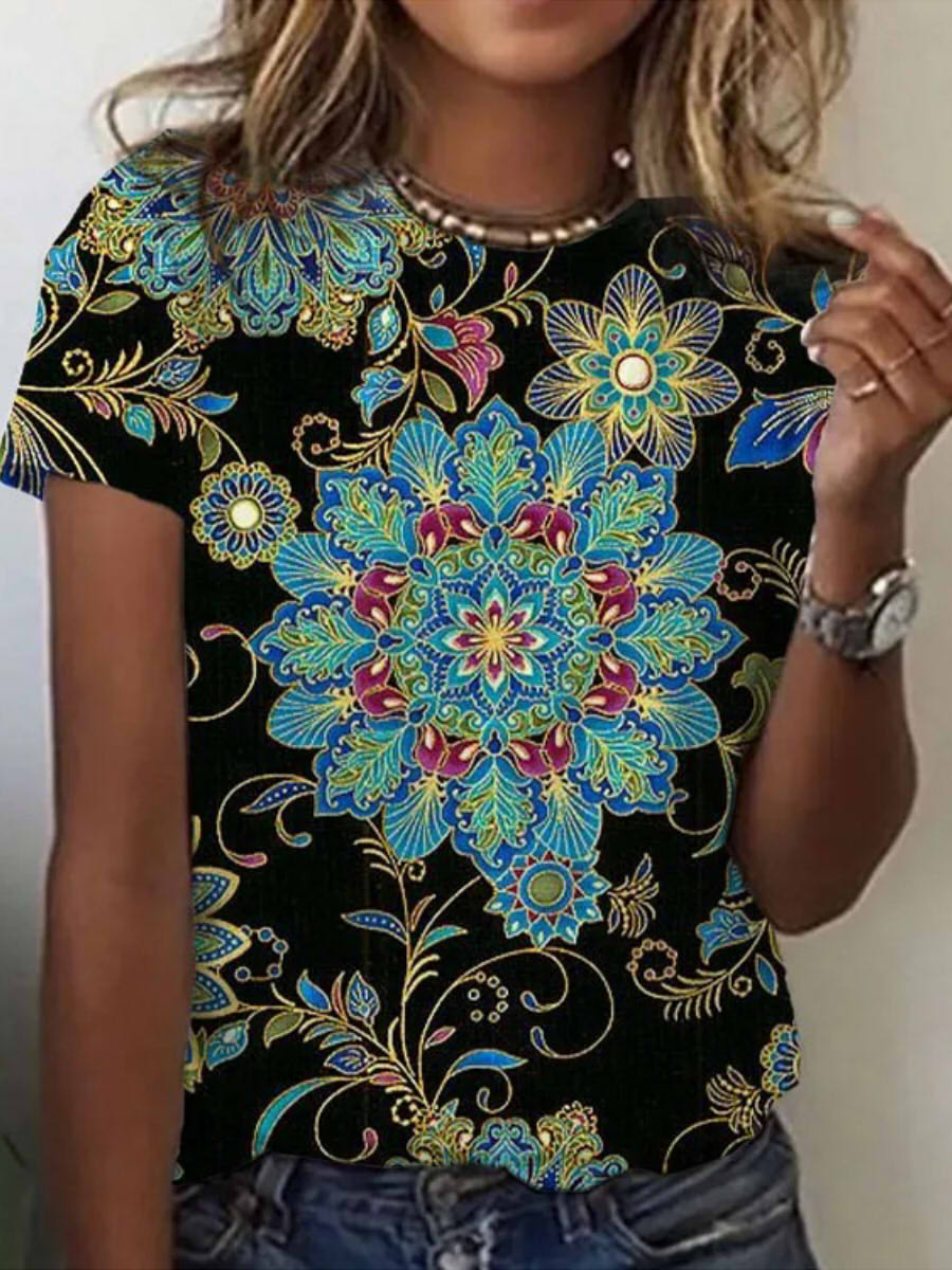 Ethnic Round Neck Short Sleeve Casual T-shirt