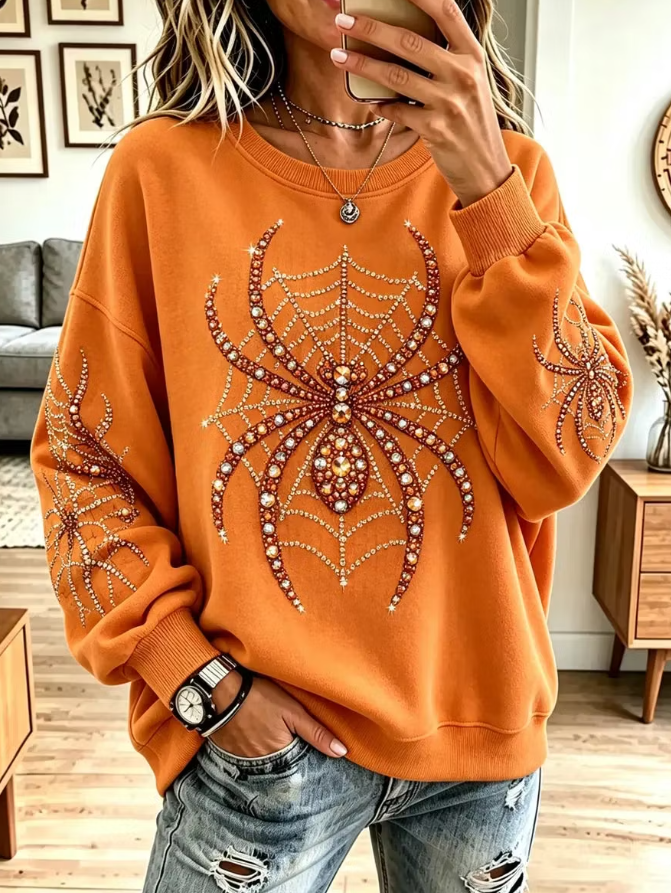 Vintage Halloween Spider Pattern Shiny Art Casual Stylish Long Sleeve Sweatshirt