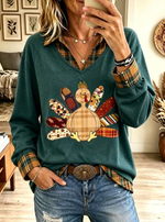 Women's Thanksgiving Turkey Print Plaid Fake Collar Long Sleeve V Neck Sweatshirt