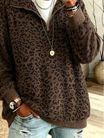 Casual Leopard Shawl Collar Long Sleeve Sweatshirt