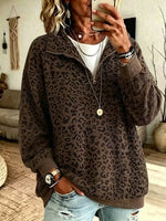 Casual Leopard Shawl Collar Long Sleeve Sweatshirt