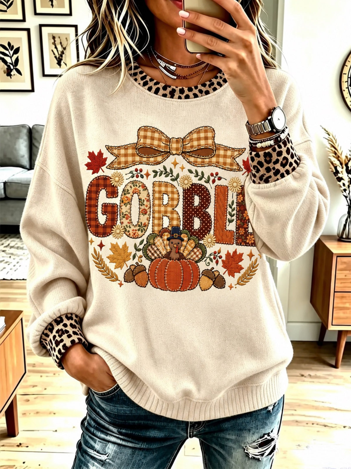 Casual Leopard Crew Neck Long Sleeve Sweatshirt