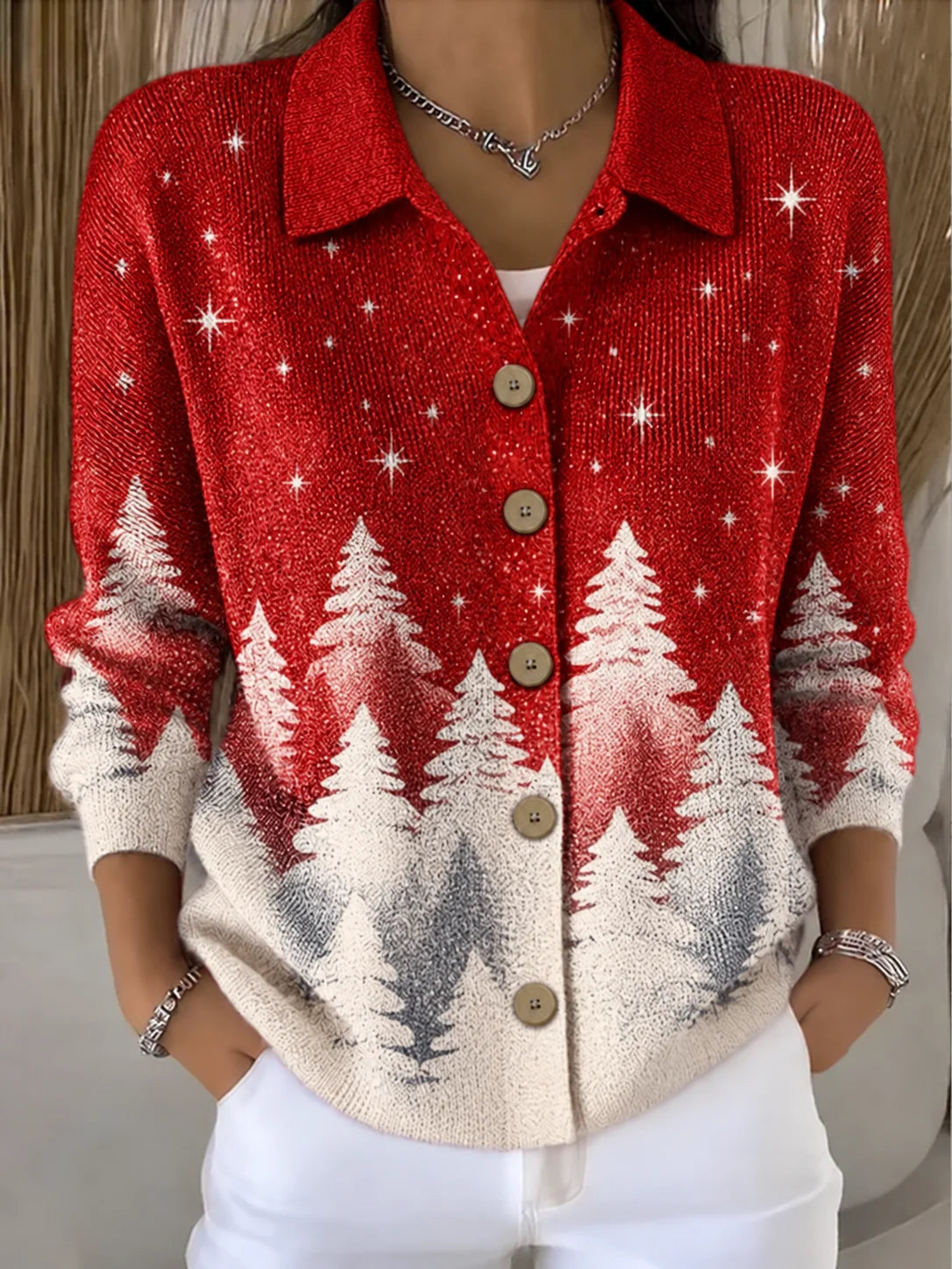 Regular Fit Shawl Collar Star Simple Knit Top