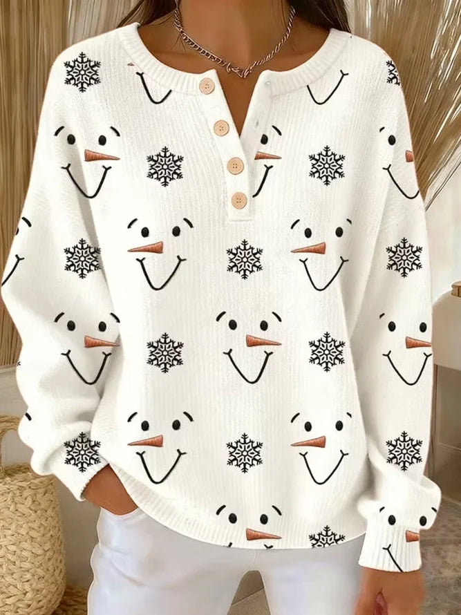Casual Christmas Henley Collar Long Sleeve Sweatshirt