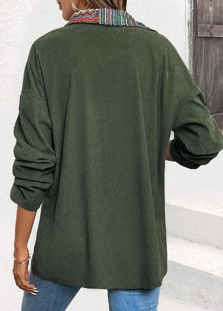 Casual Green Corduroy Tribal Print Long Sleeve Coat