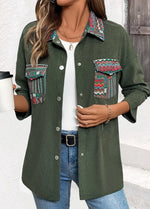 Casual Green Corduroy Tribal Print Long Sleeve Coat