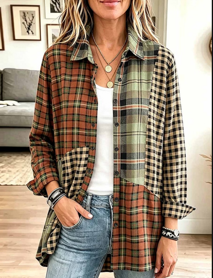 Women's Plaid Print Patchwork Collared Long-sleeved Casual Loose Cotton Linen Shirt