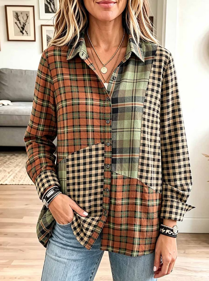 Women's Plaid Print Patchwork Collared Long-sleeved Casual Loose Cotton Linen Shirt