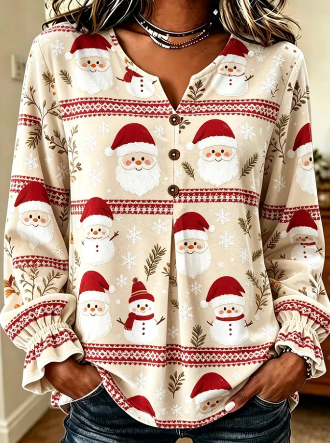 Women Cream Santa Claus Print Button Down Long Sleeve Blouse