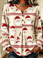 Women Cream Santa Claus Print Button Down Long Sleeve Blouse