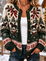 Women Christmas Animal Retro Art Print Knitted Casual Cardigan