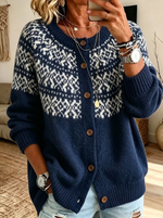 Women Crew Neck Button Long Sleeve Fair Isle Pattern Knit Cardigan