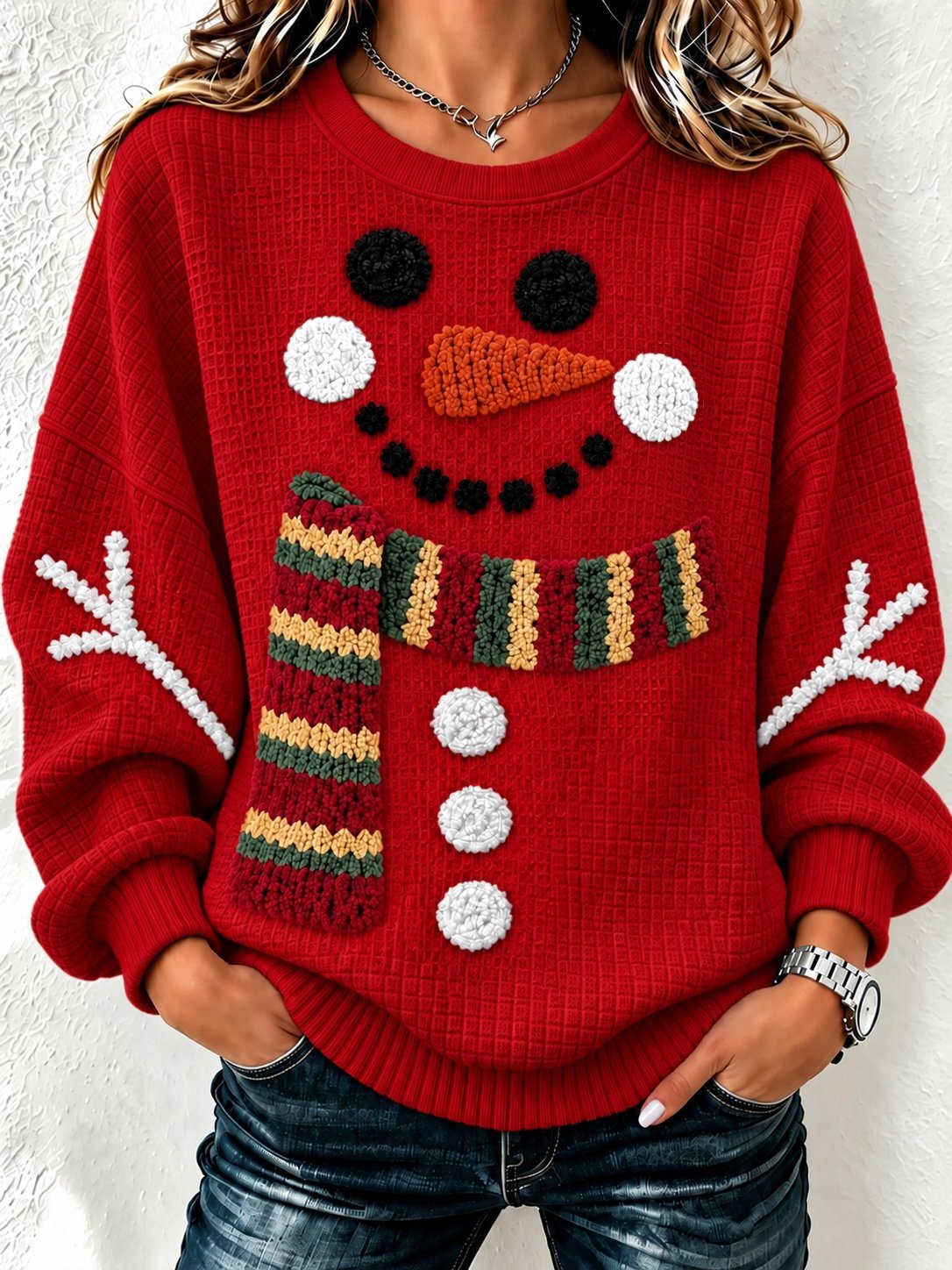 Casual Christmas Snowman Henley Collar Long Sleeve Sweatshirt