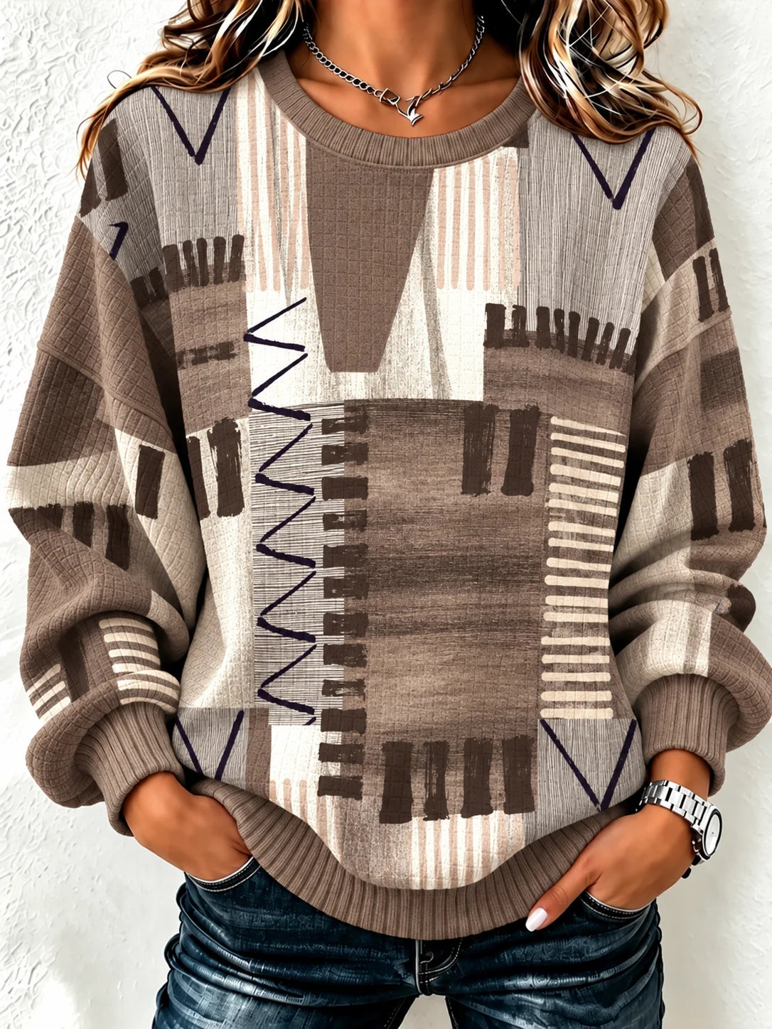 Casual Geometric Henley Collar Long Sleeve Sweatshirt