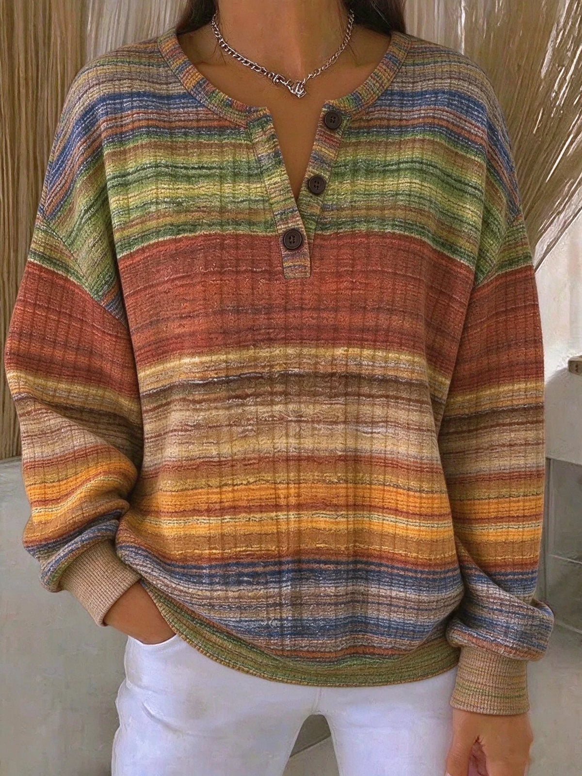 Vintage Abstract Henley Collar Long Sleeve Sweatshirt