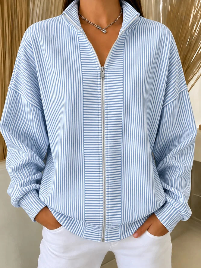 Women Spring/Fall Outerwear Casual Striped Long Sleeve Stand Collar Jacket