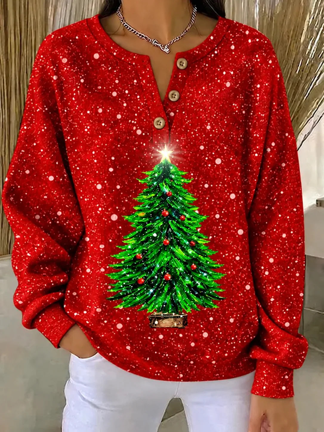 Casual Christmas Henley Collar Long Sleeve Sweatshirt