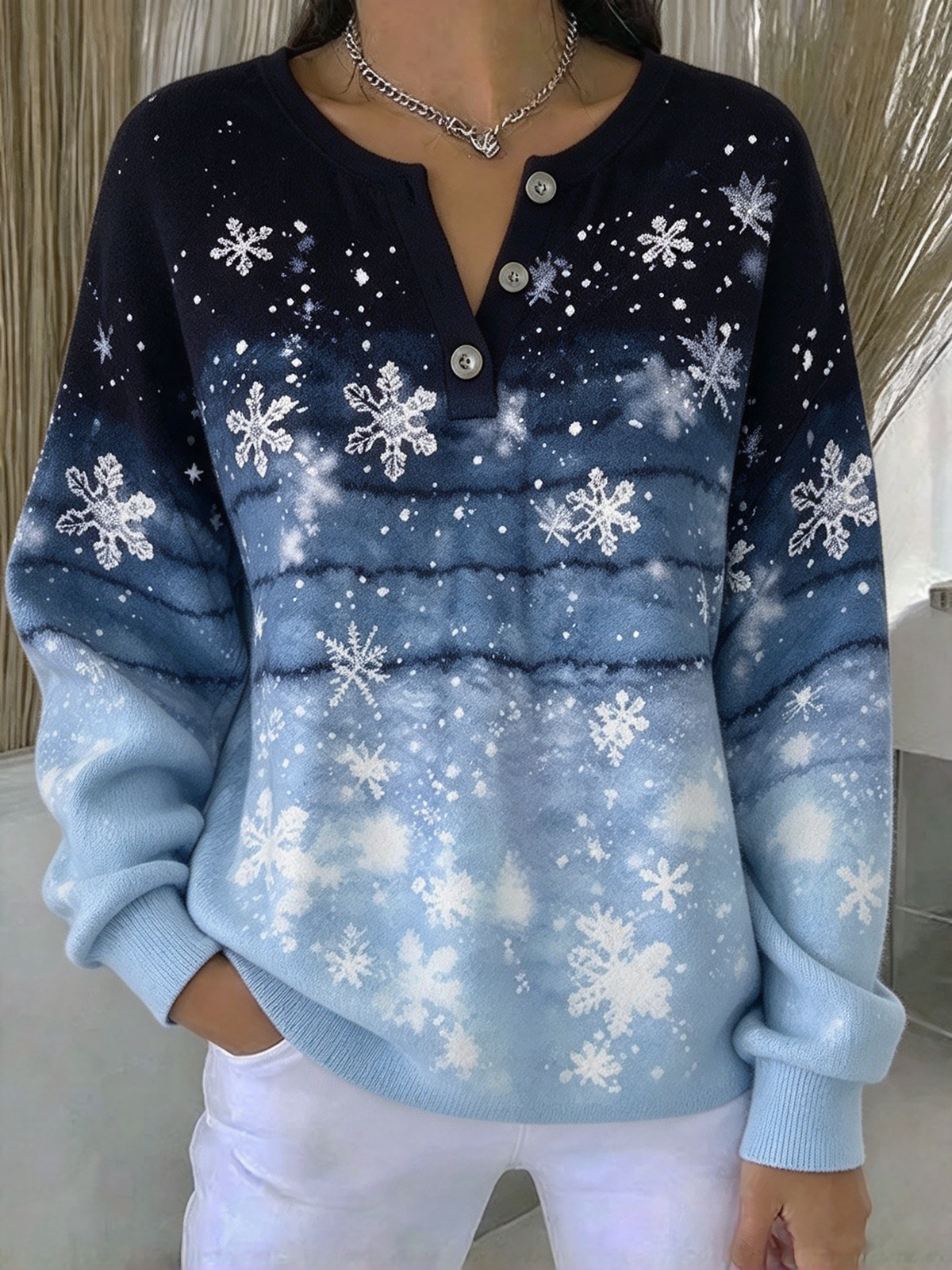 Casual Snowflake Henley Collar Long Sleeve Sweatshirt