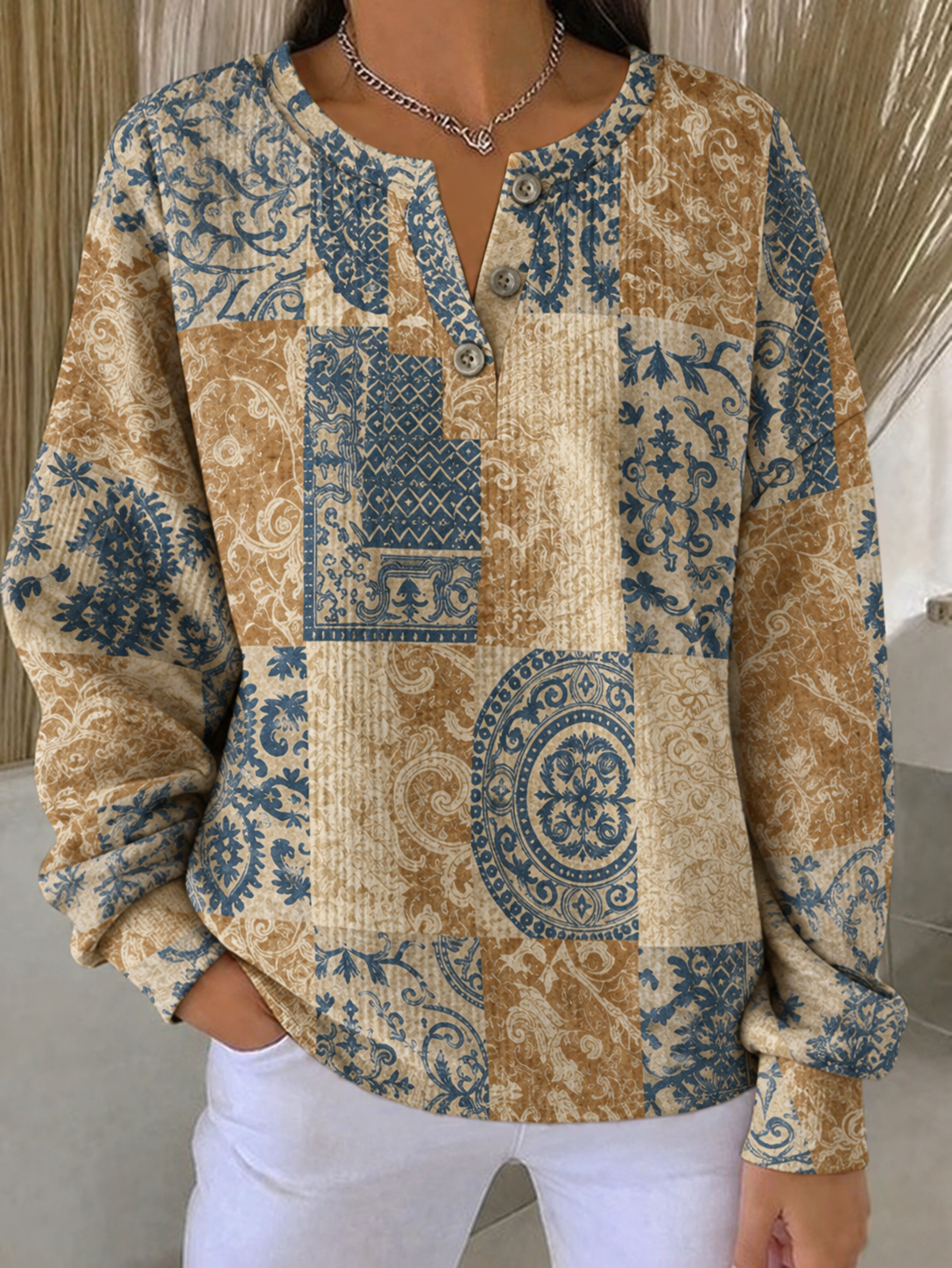 Vintage Abstract Henley Collar Long Sleeve Sweatshirt