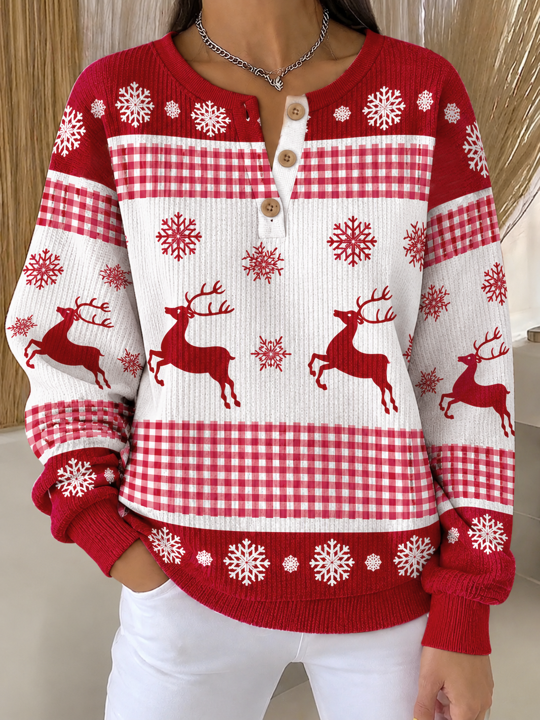 Vintage Christmas Henley Collar Long Sleeve Sweatshirt