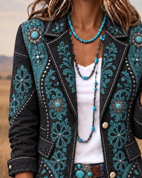 Women Spring/Fall Outerwear Vintage Floral Long Sleeve Lapel Collar Jacket