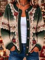 Women Red Poinsettia And Lace Trim Ombre Knit Cardigan
