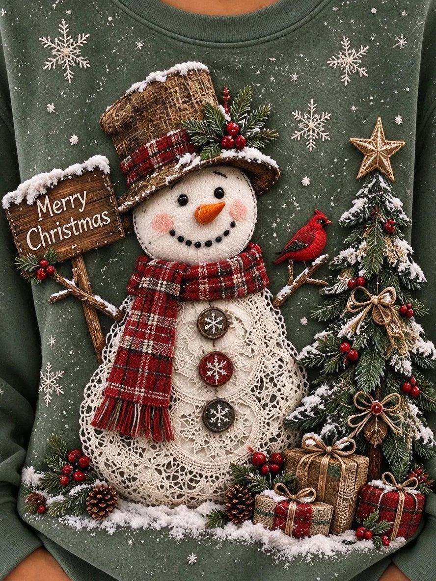 Vintage Christmas Casual Snowman Crew Neck Long Sleeve Sweatshirt