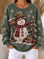 Vintage Christmas Casual Snowman Crew Neck Long Sleeve Sweatshirt