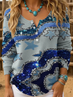 Women Vintage Print Shiny Henley Collar Sweater
