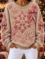 Women Pink Velvet Bows And Pearls Snowflake Beige Sweatshirt