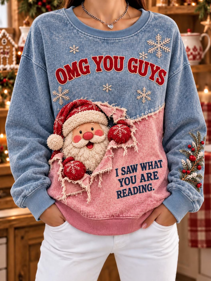 Women Casual Color Block Split Santa Peeking Sweatshirt