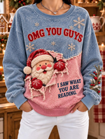 Women Casual Color Block Split Santa Peeking Sweatshirt