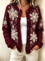 Women Casual Christmas Snowflake Art Printed Knitted Cardigan