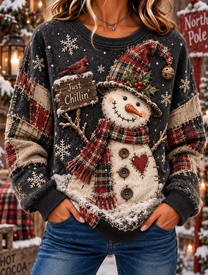 Women Casual Cute Snowman And Cardinal Bird Sweatshirt