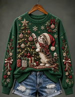 Women Christmas Cute Cat And Tree Graphic Knit Sweater