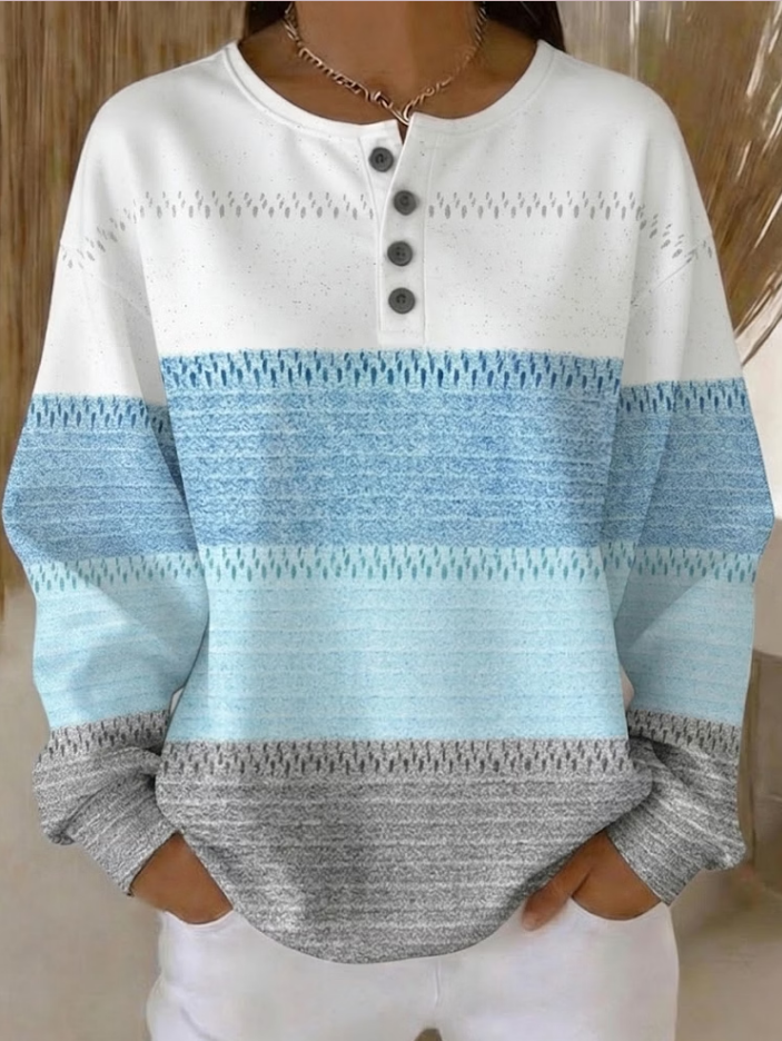 Women Geometric Henley Collar Casual Spring/Fall Long Sleeve Sweatshirt