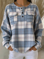Women Plaid Henley Collar Casual Spring/Fall Long Sleeve Sweatshirt