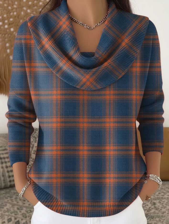 Women Plaid Printing Spring/Fall Casual Long Sleeve Cowl Neck Sweater