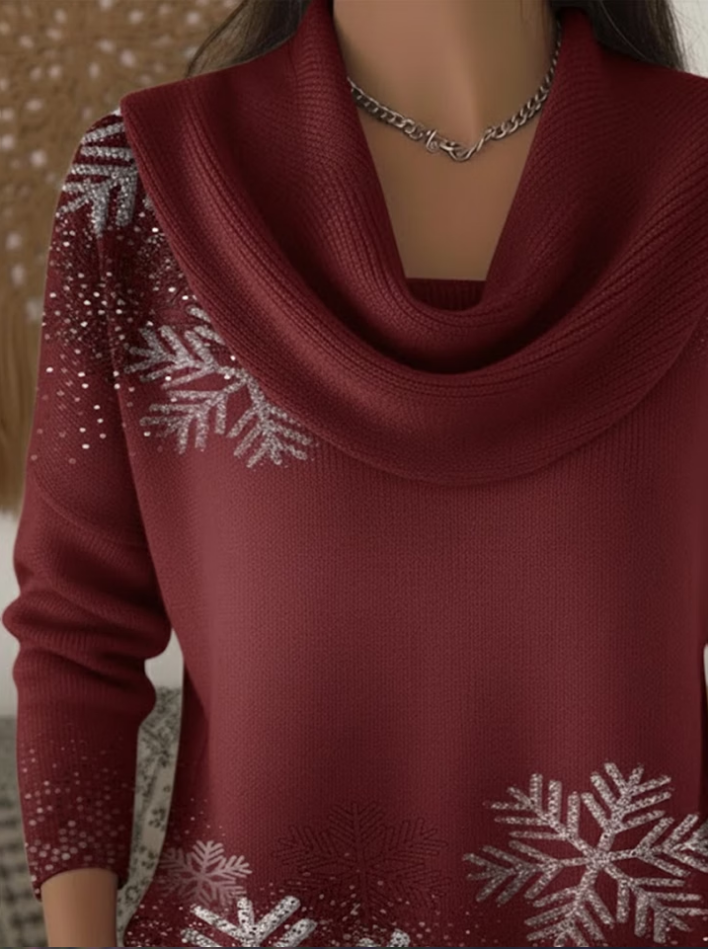 Women Christmas Printing Spring/Fall Casual Long Sleeve Cowl Neck Sweater