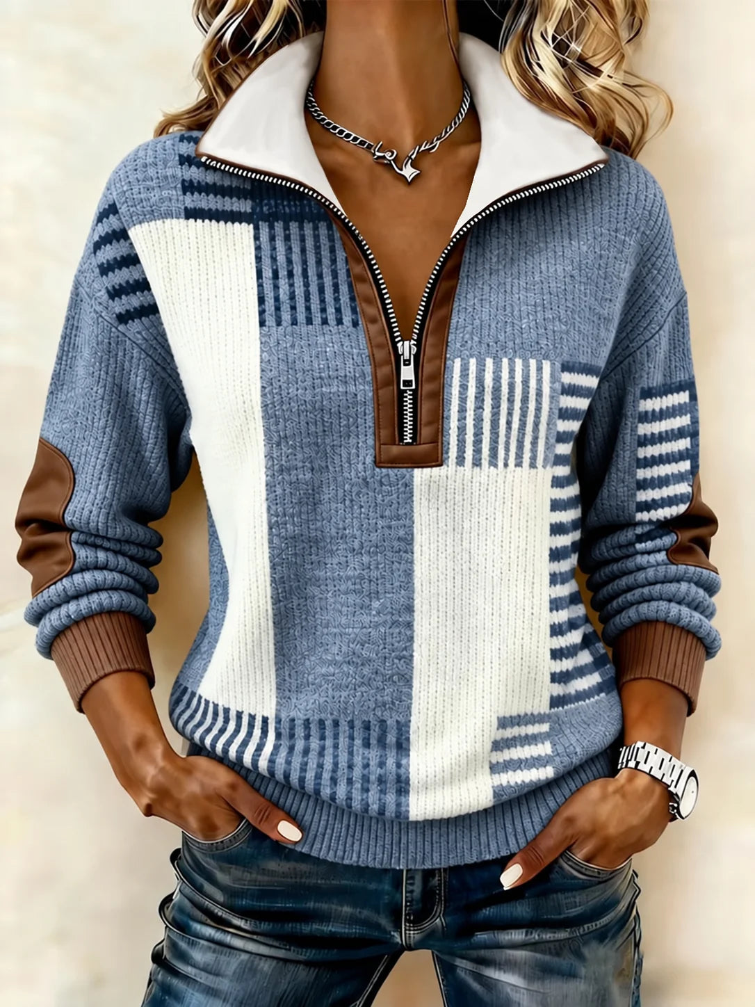 Casual Color Block Half Open Collar Long Sleeve Sweatshirt