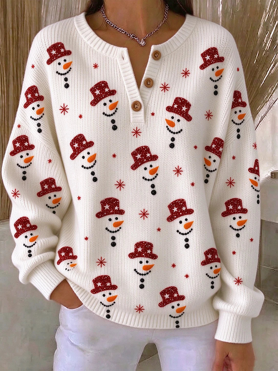 Vintage Christmas Snowman Henley Collar Long Sleeve Sweatshirt