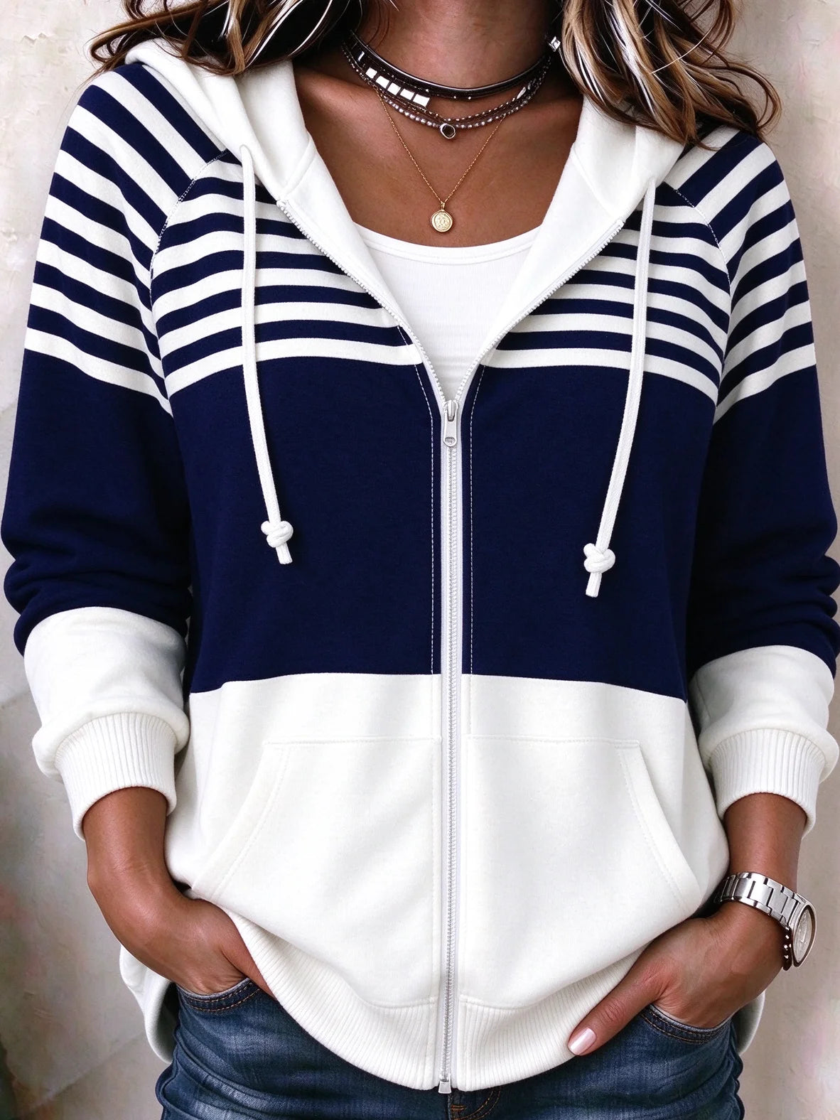 Women Spring/Fall Outerwear Casual Striped Long Sleeve Hoodie Jacket