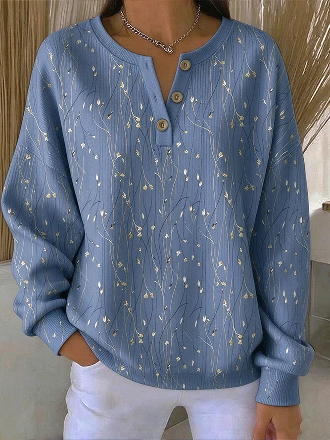 Casual Floral Henley Collar Long Sleeve Sweatshirt