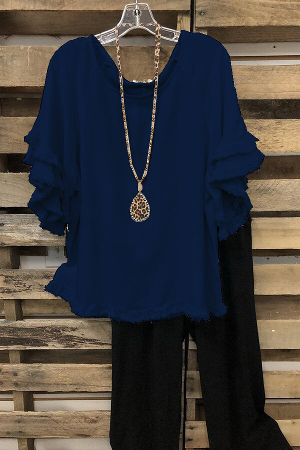 Black Short Sleeves Solid Ruffled Round Neck T-shirt