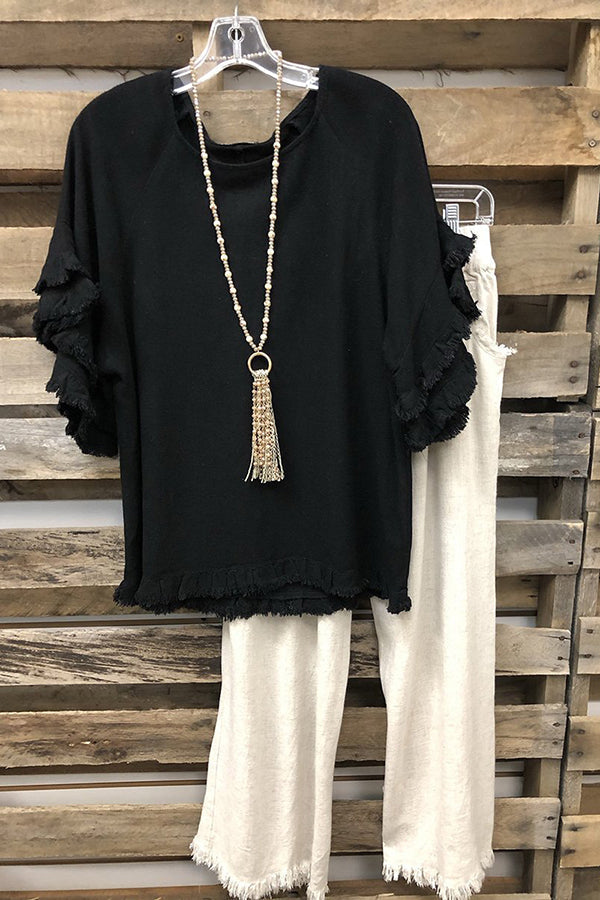 Black Short Sleeves Solid Ruffled Round Neck T-shirt